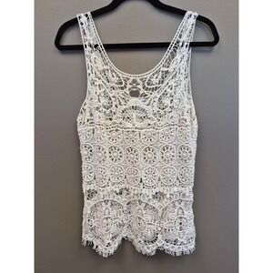 Ultra Pink Ivory Crochet‎ Lace Tank Top Sleeveless Boho Floral Scalloped Hem L